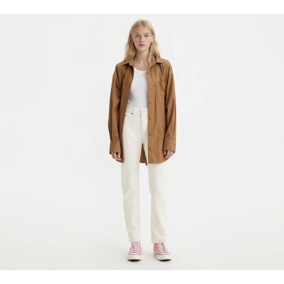 NWT Levis Premium Big E Womens 24x32 501 Straight Jeans Raw Hem Yacht Time White - Picture 2 of 11